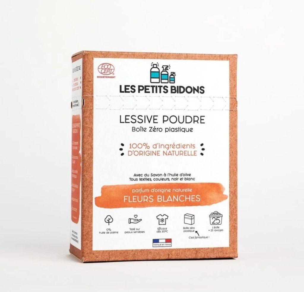 Petits bidons lessive en poudre Fleurs blanches