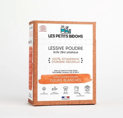 Petits bidons lessive en poudre Fleurs blanches